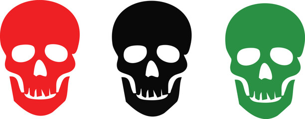 Three skulls in different colors red black and green isolated on a white background in a row style