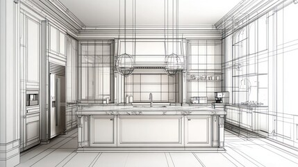 Detailed architectural drawing of a classic kitchen interior.