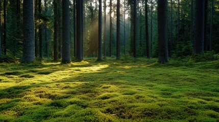 Sunlight gently streams through the tall trees, casting a warm glow on the vibrant green moss and creating a serene atmosphere in the forest during the morning.