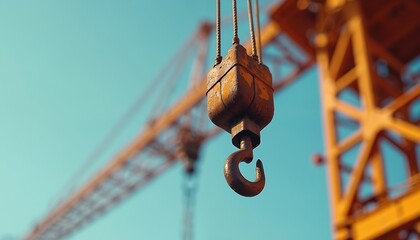 Close-up of weathered tower crane hook lifting load. Construction industry. Metal equipment against blue sky. Heavy machinery for lifting materials, building skyscrapers. Industrial background. Crane