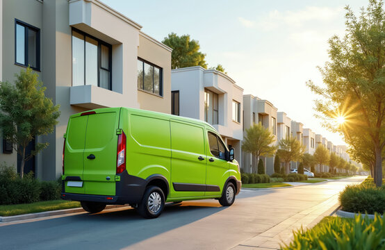 Electric delivery van parked in front of suburban houses, promoting green energy. Concept of sustainable logistics, eco-friendly transport for businesses. Electric vehicle represents modern, clean,