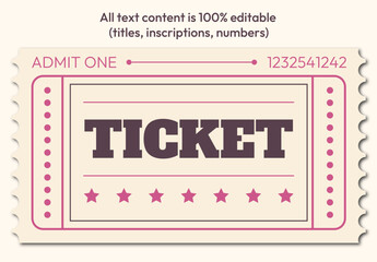 Vintage style 'Admit One' event ticket vector template. Features classic design with perforated edges and stars. All text is 100% editable, using free Google Fonts. Ideal for events, cinema, parties
