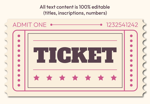 Vintage style 'Admit One' event ticket vector template. Features classic design with perforated edges and stars. All text is 100% editable, using free Google Fonts. Ideal for events, cinema, parties - Powered by Adobe