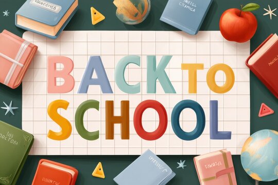 Colorful back to school theme with books, supplies, and letters