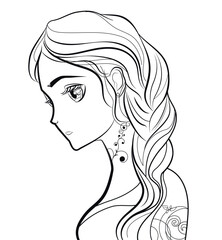 Illustration print of coloring pages for girl in anime style on a white background. Vector illustration