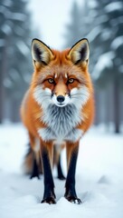 red fox stands on white snow in winter snowy pine forest