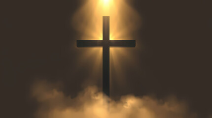 An illustration of a cross, featuring volumetric lighting, a warm golden glow, and radiant luxurious light beams through dust or fog.