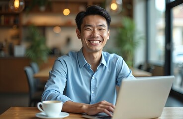 Fototapeta premium Young Asian man smiles working on laptop in coffee shop. He drinks hot beverage. Smiling happy face in cafe. Freelance business, remote work, modern tech concept.