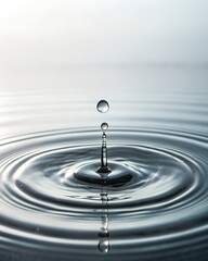 Drop hitting water, creating smooth ripples on a white or light background, meditative and symbolic calmness
