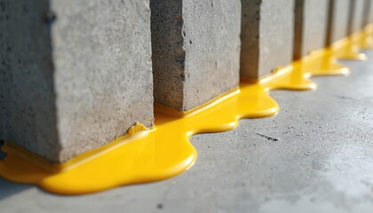Illustration of yellow sealant flowing between concrete blocks. Grey stone contrast, building repair, construction concept. Adhesive, sealant, design, architectural detail.