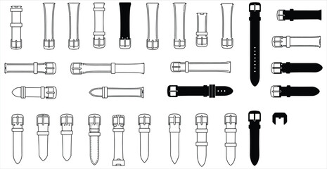 Vector illustration of diverse watch strap designs, showcasing various buckle types and materials, perfect for fashion, accessory, and wearable technology-related graphic projects.