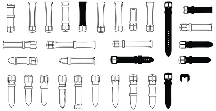 Vector illustration of diverse watch strap designs, showcasing various buckle types and materials, perfect for fashion, accessory, and wearable technology-related graphic projects.