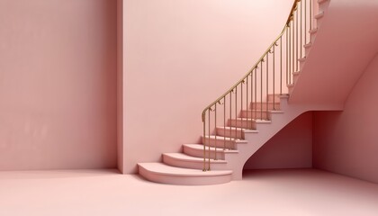 Minimalist pink room with steps, podium. Modern architectural design with pastel colors. Empty studio interior for product display. Empty showroom with blank wall. Geometric shapes, clean lines. 3D