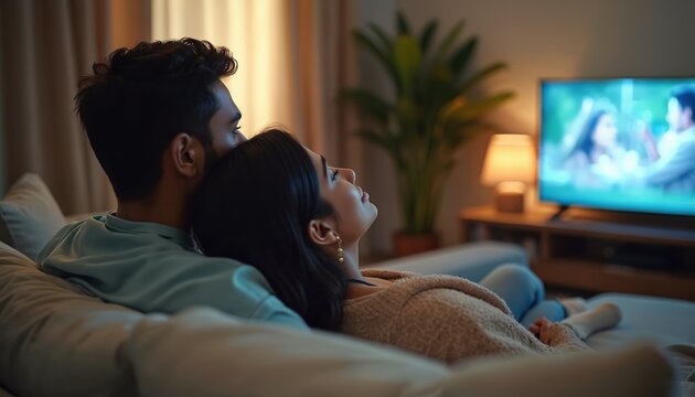 Young Indian couple watches TV together. Man embraces woman sitting on sofa at home. Relax indoors, enjoying movie time. Relationship, love, cozy atmosphere. People, leisure, free time, fun, weekend.