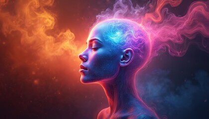 Digital art illustration human figure exploring energy consciousness. Vivid colors light cosmic emotion creativity meditation expression fantasy modern glowing face portrait. Concept design.
