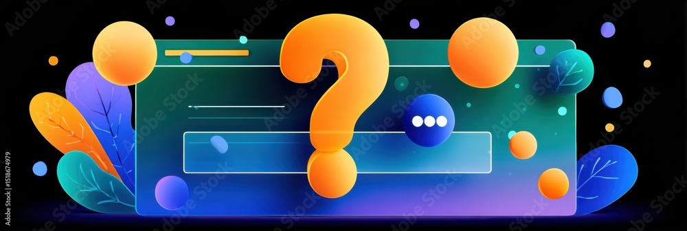Fototapete Question Mark Bouncing in a Vibrant, Lost Interface With a Clean Upper Layout Showcasing Floating Elements and Organic Shapes