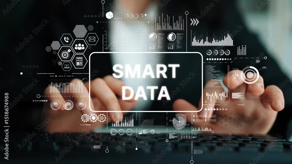 Poster hands typing on keyboard with smart data overlay and digital graphics for technology and analytics c