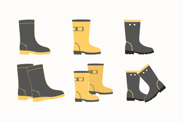Set of water resistant shoes, rain boots, hiking boots, rubber boots vector art, safety shoes icon vector art, garden supplies design, worker boots vector