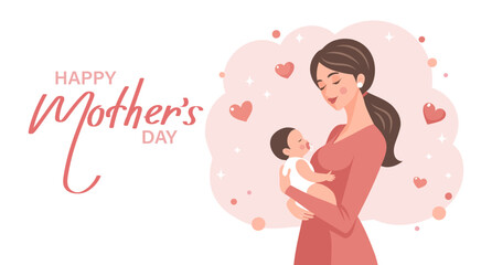 Cute mother holding her baby in her arms. Mother's Day card, banner. Flat illustration.