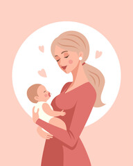 Cute mother holding her baby in her arms. Mother's Day card, banner. Flat illustration.