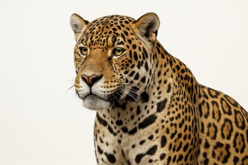 Cabeça e corpo de uma onça-pintada isolados sobre fundo branco.

