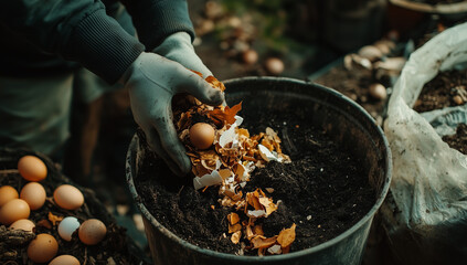 Gloved Hands Adding Eggshells and Organic Waste to Compost Bin, Sustainable Gardening Concept. Generative AI