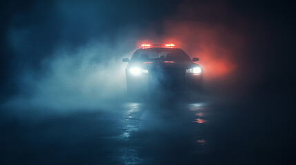Police Patrol Vehicle on Foggy Night Enforcing Law and Order During Emergency Crime Scene Security. Cinematic Style Banner. Generative AI