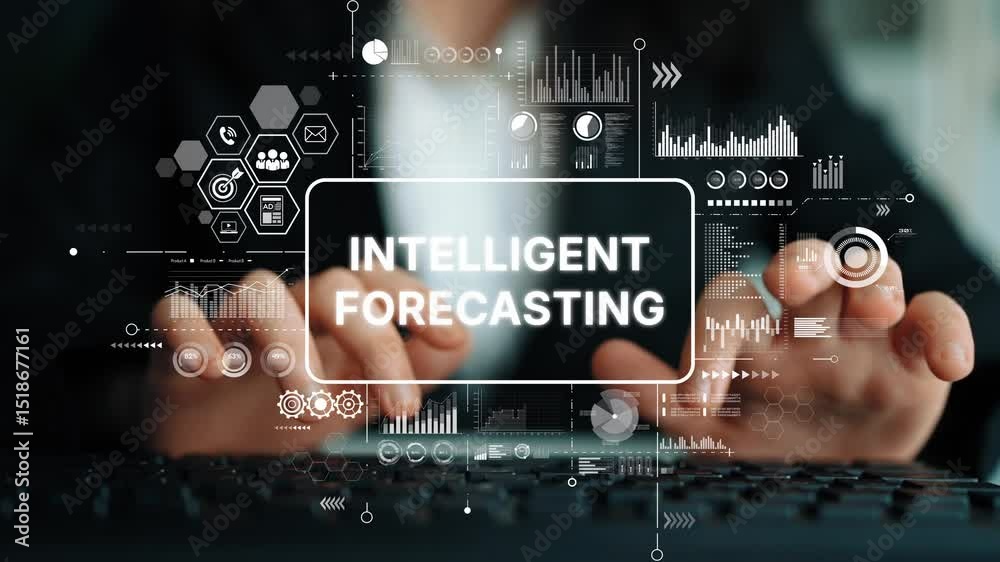 Poster professional woman engaging in intelligent forecasting with data visualization and technology elemen