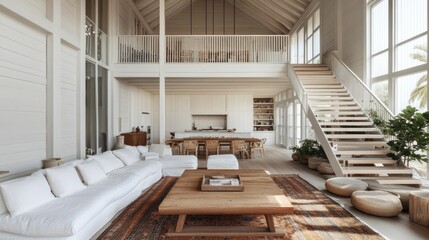Fototapeta premium Open-plan coastal house interior with light-toned furnishings.