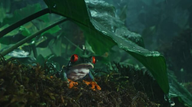Red-eyed tree frog in the rainforest seating under leaf when heavy raining 4k video footage