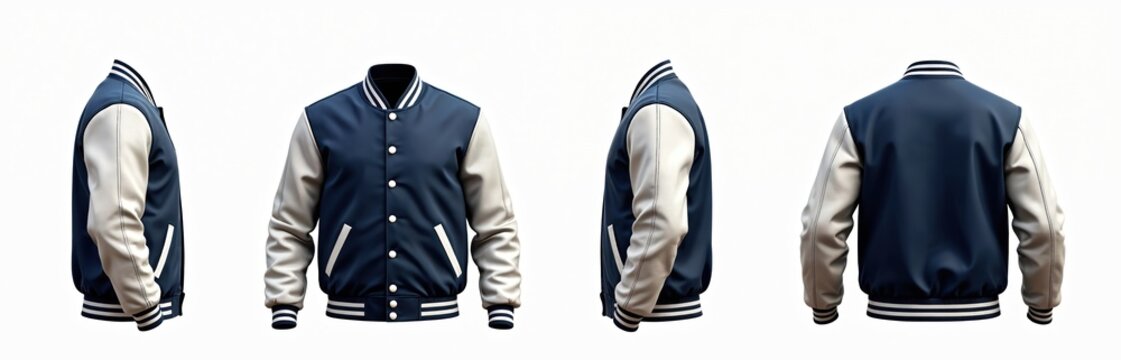 Navy blue varsity jacket mockup with white sleeves. Front side back views on white background. College baseball bomber jacket design. Fashion apparel. Blank template for design or branding.