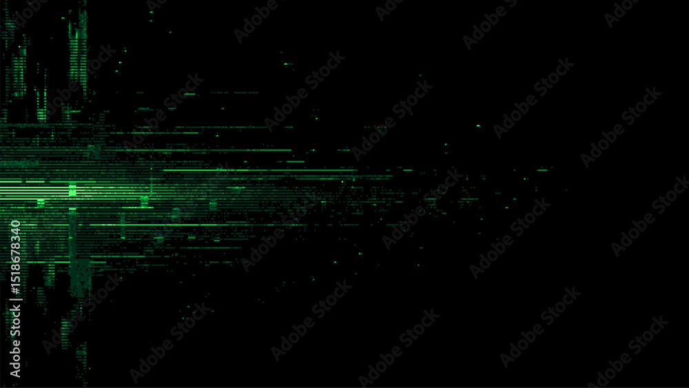 Fototapete Abstract green digital glitch. cyber tech concept. Abstract dark pixel glitch texture with lines and dots of binary code. Vector graphics. digital art.