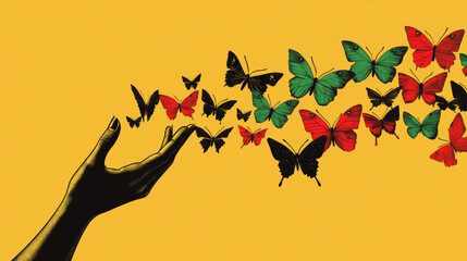 Black hand releasing colorful butterflies into the air against a vibrant yellow background, symbolizing freedom and transformation for Juneteenth celebration. Juneteenth,Black History Month