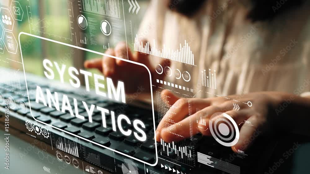 Poster professional hands typing on keyboard with system analytics graphics for data analysis and technolog