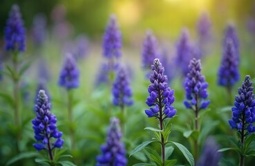 Vibrant wildflowers in a garden setting. Stunning blue indigo blooms against green foliage. Beautiful perennial flowers in a natural outdoor eco environment. Ideal for garden tech eco blog articles.