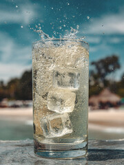 glass of water on the beach