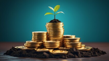 Money Growth Illustration with Coin Tower and Plant
