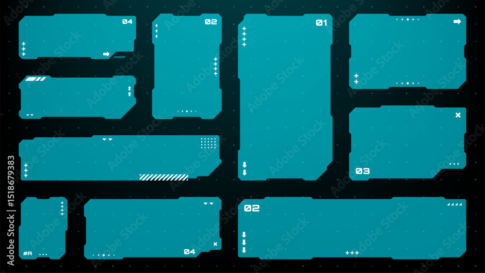 Poster Set of HUD UI element frames. Text boxes in abstract tech style. cyberpunk style. hi-tech design. Modern technology banners. Vector graphics. game interface elements. sci-fi frames
