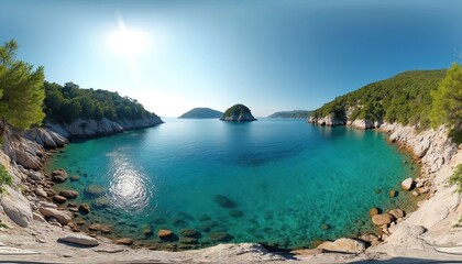 Fototapeta premium Panoramic view of serene sea bay with archipelago. HDRI spherical projection. Clear turquoise water, blue sky, mountains, islands, rocks, trees. Scenic travel destination, vacation spot.