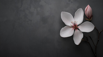 Fototapeta premium A simple white flower graces a greeting card set on a soft gray background, creating a minimalist, elegant, and serene design.