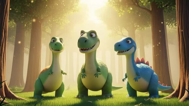 Funny vector illustration of three dinosaurs in a wild forest setting in golden hour