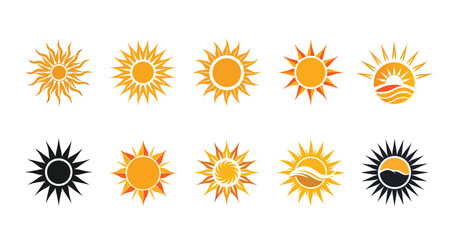 Sun vector set illustration. Sun simple icons collection. Yellow sun icon set, sunshine and solar glow, sunrise or sunset.