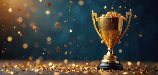 Golden trophy gold stars celebrate success. Shiny award cup against dark background. Symbol winning champion, event, tournament, competition. Success concept with copy space, event background.