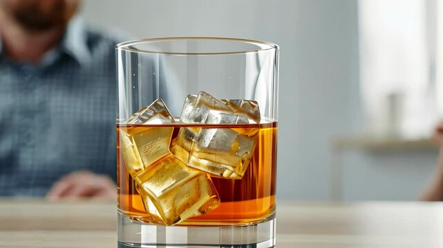 Golden Elixir with Ice Cubes: A crystal-clear glass filled with a rich, amber-hued spirit, shimmering with ice cubes, a sophisticated and enticing beverage, captures the eye.