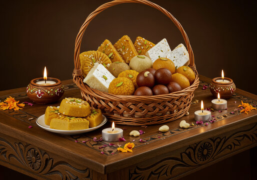 Assorted basket of Diwali sweets like barfi, laddoo, and gulab jamun, flanked by lit candles on an intricately carved wooden table