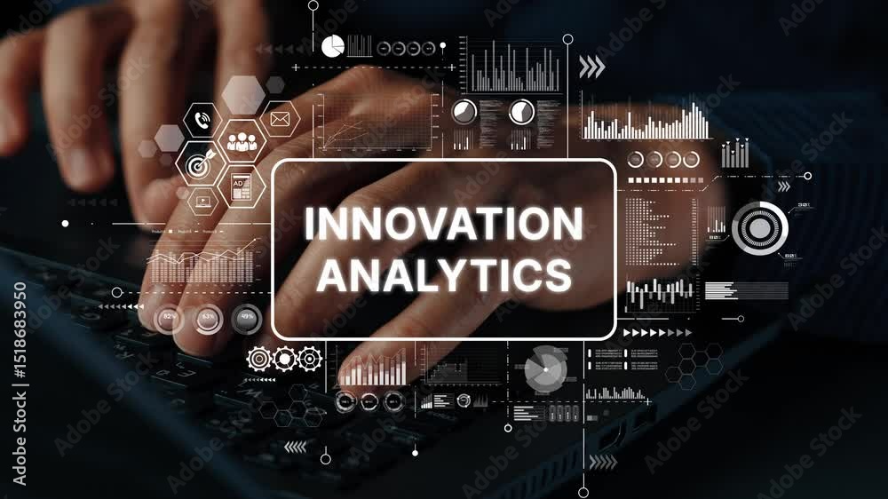 Poster hands typing on laptop keyboard with digital innovation analytics data visualization overlay and mod