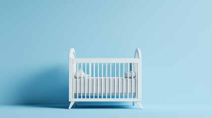 A cozy baby bed with soft bedding placed against a bright blue background.
