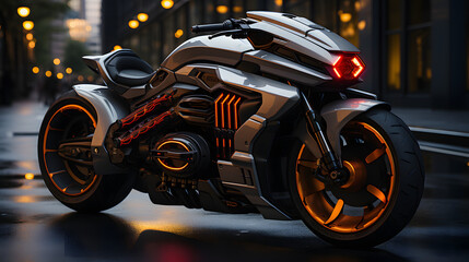 Futuristic Electric Motorcycle with Cyberpunk Design on Wet Urban Street at Night