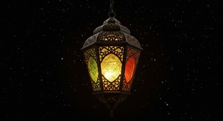 Elegant moroccan lantern hanging night starry background festive ramadan eid red art glow gold dark