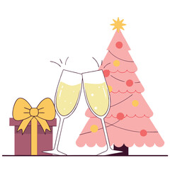 Two champagne glasses and a gift near a pink Christmas tree. Festive romantic holiday mood. Ideal for winter greeting cards or event invitations.